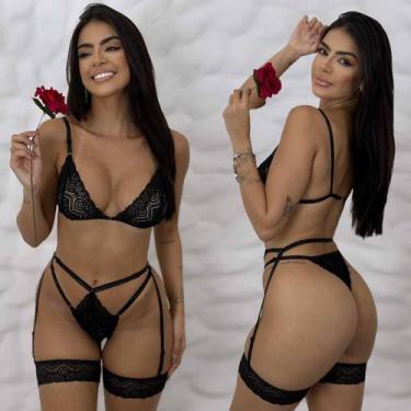 Imagem de Conjunto Com Cinta Liga Sensual Sem Bojo Calcinha fio dental Rendado S