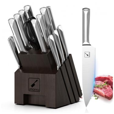 Imagem de Conjunto de Facas Imarku em Aço Inoxidável com Bloco de Bancada e Afiador Embutido, 16 Peças, Prata