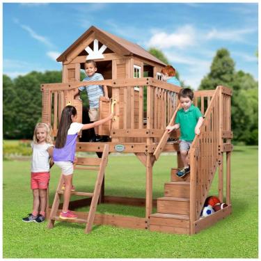 Imagem de Playground Infantil de Madeira, Estilo Chalé com Pia de Brinquedo, Banco Acolchoado e Gráfico de Crescimento, Backyard Discovery, Marrom