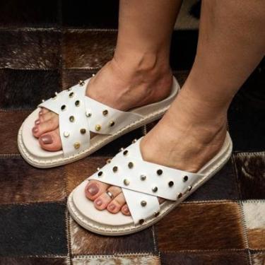 Imagem de Sandália Feminina Flatform Enfeite Metal Brilho Metalizado Chinelo Rasteirinha Confortável Macia-Feminino