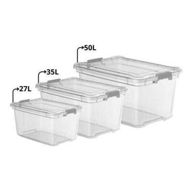 Imagem de Kit 3 Caixas Plásticas Organizadoras 50l, 35l, 27l Transparente - PLAS