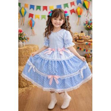 Imagem de Vestido Infantil Junino Caipira Azul Claro Xadrez Renda Laços Manga Bu