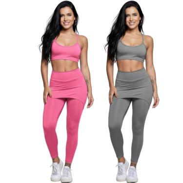Imagem de KIT 2 Conjunto Top Alça Fina E Calça Saia Suplex Bella Fiore Roupa Para Academia Fitnes...