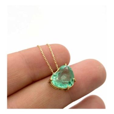 Imagem de Colar Ouro 18k Pedra Verde Esmeralda Colombiana Natural Coraçao 1cm K9