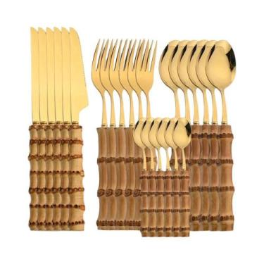 Imagem de Conjunto De Talheres De Bambu Com 24 Peças, Cabo Natural Em Aço Inoxid