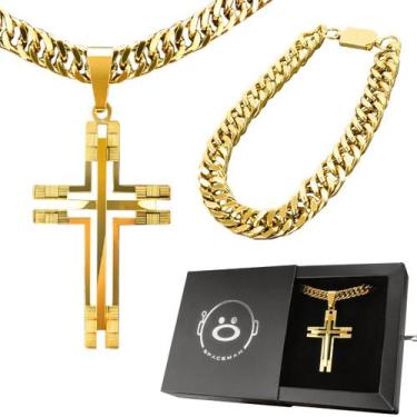 Imagem de cordão banhado ouro + caixa + pingente cruz + pulseira casual estiloso