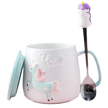 Imagem de seelucky Caneca de balão de ar quente com tampa colher caneca 3D xícara de café cerâmica xícara de chá lua presente de aniversário escritório casa (verde unicórnio, 380 ml)