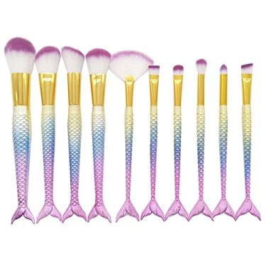 Imagem de Legou Kit 10 Pinceis para Maquiagem Sereia,Pincel para corretivo cosmético, ferramentas de cosméticos de beleza,Premium cerdas sintéticas para cosméticos coloridos, base Kabuki, blush - A