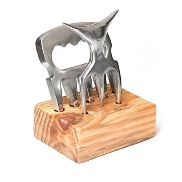 Imagem de Kit Garra De Urso Garfo Tridente Alumínio Churrasco Com Suporte Madeira
