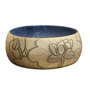 Imagem de jinyi2016SHOP Pias de vaso de cerâmica em formato redondo de 40 x 14 cm, pia de pia de cerâmica para pia de vaso de lavatório acima do balcão, pia de bancada de lótus esculpida, lavatório para lavatórios de banheiro (cor: A)