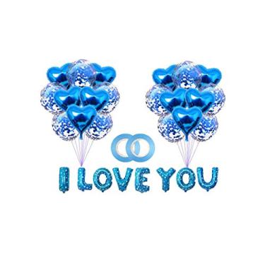 Imagem de 30 peças I LOVE YOU Balões de Dia dos Namorados com fita balões de folha de coração balões de confete para o dia dos namorados casamento chá de noiva decorações de festa de noivado - azul