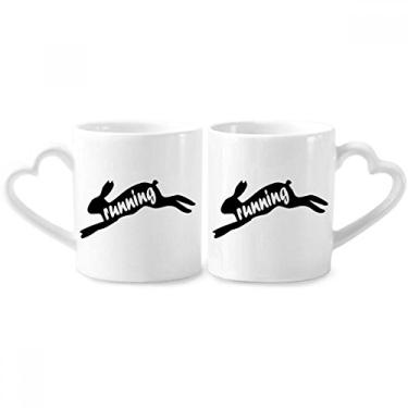 Imagem de Conjunto de canecas de porcelana natural para casal, contorno de coelhos, animais pretos e coração