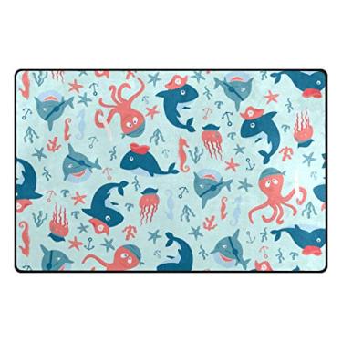 Imagem de ColourLife Tapetes leves, macios, coloridos, criaturas marinhas no chão azul claro para crianças, sala de jogos, piso de madeira, sala de estar, 152 x 99 cm (1,5 x 1,6 cm) tapetes de berçário