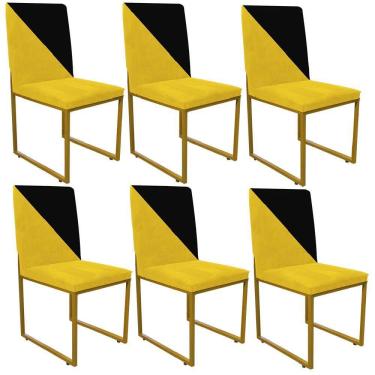 Imagem de Kit 06 Cadeira Stan Duo Sala De Jantar Ferro Dourado Sintético Amarelo E Preto - Amey Decor