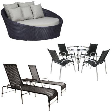 Imagem de Kit 4 Cadeiras E Mesa 2 Espreguiçadeiras 1 Chaise Alumínio Trama