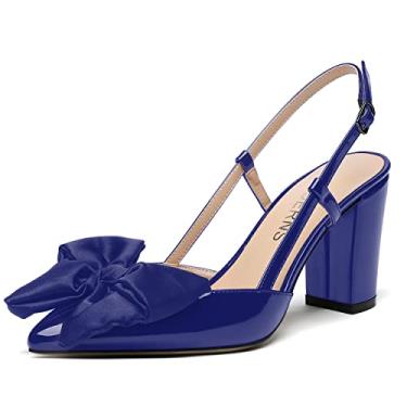 Imagem de WAYDERNS Vestido feminino nupcial fivela bico fino laço patente Slingback tornozelo tira bloco sólido salto alto grosso salto alto sapatos 9,5 cm, Azul royal, 10