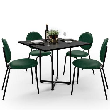 Imagem de Mesa de Jantar Rivera Preto 90cm com 04 Cadeiras Industrial Évora F01 Couríssimo Verde - Lyam