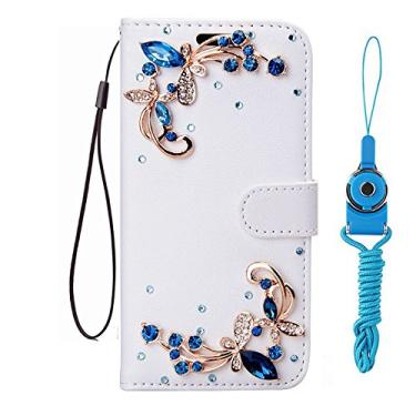 Imagem de HFICY Capa de telefone feminina com 2 peças de protetor de tela de vidro e 2 cordões brilhantes diamantes cristais carteira de couro capa feminina (borboletas azuis, para iPhone 7/8)