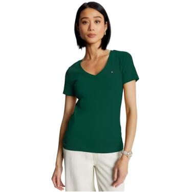 Imagem de Tommy Hilfiger Camiseta feminina de algodão sólido com gola V e manga curta, Verde caçador., P