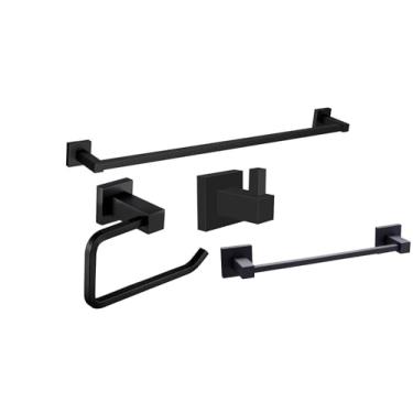 Imagem de Porta Toalha de Banho 62cm Preto Fosco + Cabide Metal + Porta Toalha Rosto 30cm + Papeleira Black Fosco