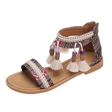 Imagem de Sandálias de cristal femininas largas vintage com borlas romanas abertas sandálias de dedo do pé com zíper nas costas salto quadrado confortável, rosa, 6.5