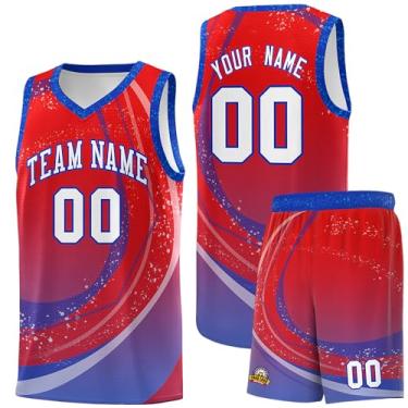 Imagem de Camiseta de basquete personalizada - Número do nome do time personalizado uniforme esportivo para homens mulheres jovens, Vermelho e azul-royal 08, One Size