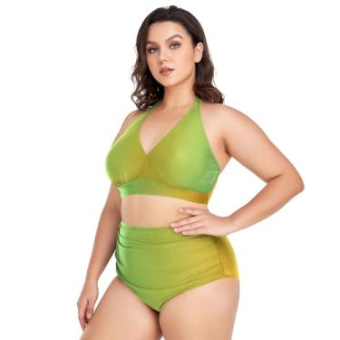 Imagem de Biquíni feminino plus size, conjunto de biquíni de duas peças, cintura alta, frente única, franzido com parte inferior, Gradiente verde amarelo, 3G Plus Size