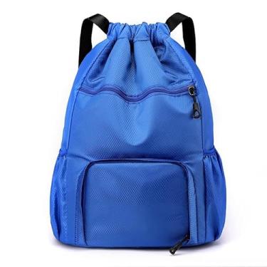 Imagem de Bolsa com cordão, mochila leve com suporte para garrafa de água e bolsos, mochila esportiva de ginástica, Azul royal, Large, Esportes