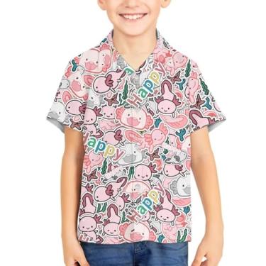Imagem de Camisetas havaianas com botões de botão para verão unissex infantil manga curta camisa social 3-16 anos Tropical Aloha Shirts, Axolotl fofo, 15-16 Years
