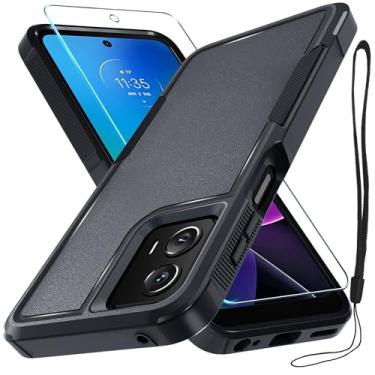 Imagem de Capa para Motorola Moto G Power 5G 2024, capa protetora de celular resistente à prova de choque de corpo inteiro com alça de cordão, protetor de tela de vidro temperado, preto fosco