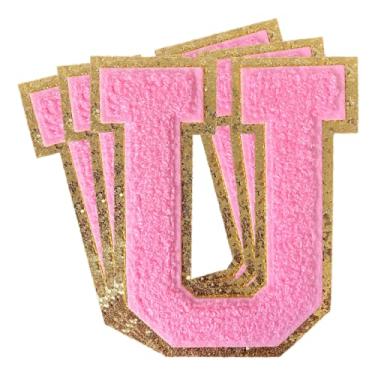 Imagem de 3 peças de remendos de letras de chenille rosa glitter ferro em remendos de letras universitárias remendo bordado de chenille costurar em remendos para roupas chapéu bolsas jaquetas camisa (rosa, U)