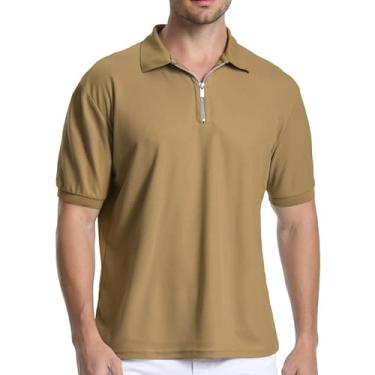 Imagem de Wuneitk Camisa polo masculina casual com zíper manga curta stretch para treino e golfe para homens, Caqui, XXG