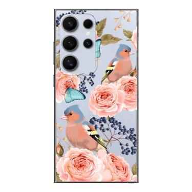 Imagem de Blingy's Capa para Samsung Galaxy S24 Ultra, pássaro floral fofo com design de flor de rosa desenho animado estilo animal transparente macio TPU capa transparente 6,8 polegadas (pássaros e borboletas)