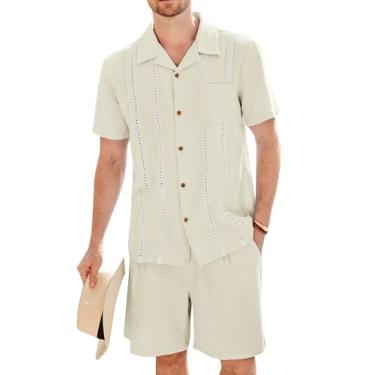 Imagem de GRACE KARIN Conjunto de camisa masculina casual Guayabera de algodão e linho de manga curta com botões e shorts, Off-white, GG