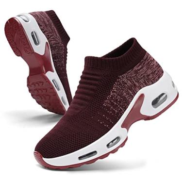 Imagem de Tênis de malha feminino – antiderrapante, sem cadarço, tênis de meia – leve, tênis de corrida com amortecimento de ar, tênis de trabalho, Vermelho jujuba misto, 37