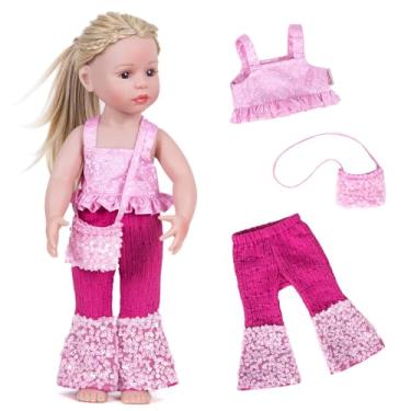 Imagem de Rakki Dolli Conjunto de 3 peças de acessórios de roupas de boneca, camisa curta rosa com alça de ombro e calça rodada com lantejoulas brilhantes e bolsa de lantejoulas para bonecas bebê menina (boneca