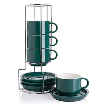 Imagem de Sweejar Copos de cappuccino de porcelana com pires e suporte de metal, copos de café expresso empilháveis de 227 g para bebidas especiais de café, latte, americano, chá - conjunto de 4 (jade)
