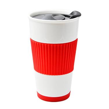Imagem de Copo de café UDMG de cerâmica com isolamento de parede dupla com tampa deslizante à prova de respingos, manga de silicone e porta-copos embutidos, 295 ml, Red 10 fl.oz, 10, 1