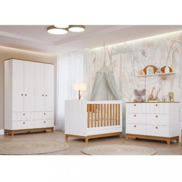 Imagem de Quarto de Bebê Completo Guarda Roupa 4 Portas Cômoda e Berço Liza Permobili - Branco/Nature