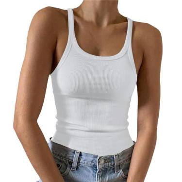 Imagem de Lainuyoah Regata feminina canelada de verão 2024 sem mangas, gola redonda, caimento justo, esportiva, cropped 2024, camisetas básicas casuais, A - Branco, GG