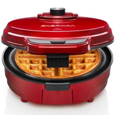 Imagem de Chefman Máquina de waffles belga antitransbordamento com seletor de sombra, controle de temperatura, fosso, ferro redondo com placas antiaderentes e alça de toque frio, copo de medição incluído, vermelho