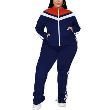 Imagem de UOUA Conjunto de 2 peças de roupa de corrida feminino plus size, calça de corrida e camisa de moletom, duas peças, Uc021-azul-marinho, X-Large