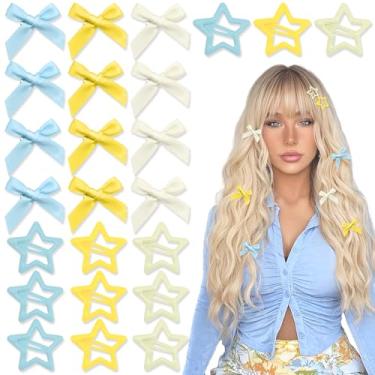 Imagem de YAEISM Conjunto de clipes de cabelo com 24 peças, mini clipes de laço, 3 cores, amarelo acetinado, bege, azul, grampos de cabelo estrela, acessórios de cabelo kawaii Y2K, presilhas fofas, fitas de
