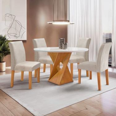 Imagem de Conjunto Mesa Barcelona 100cmx100cm 4 Cadeiras Espanha Tampo Slim Plus Redondo Vidro Yescasa Cinamomo/Off White/Gelo