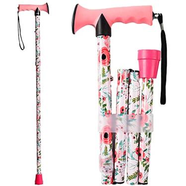 Imagem de CLOKTA Bengala dobrável - bengala de caminhada para homens e mulheres - floral, dobrável, leve, ajustável, bengala portátil para idosos e adultos, alças em T confortáveis (floral rosa)