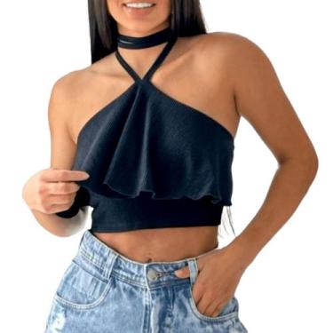 Imagem de Blusa top Cropped canelado babado frontal amarração no pescoço feminin