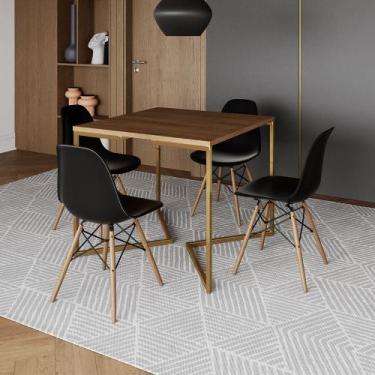 Imagem de Mesa Jantar Industrial Quadrada 90cm Amêndoa Base V Dourada com 4 Cade