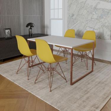 Imagem de Mesa Industrial Base Ferro Cobre Tampo 137x90 Branco 4 Cadeiras Ferro 