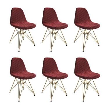 Imagem de Kit 6 Cadeiras Jantar Eames Eiffel Estofadas Vermelho Base Dourado - U