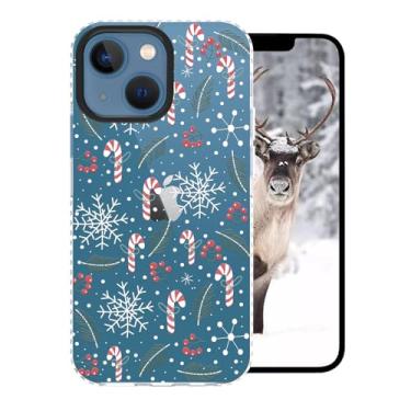 Imagem de FOQENCCI Capa de celular para iPhone 14 de inverno para iPhone 13 com estampa de guirlanda de bengala doce de Natal TPU macio + proteção da moldura da câmera preta antideslizante para mulheres